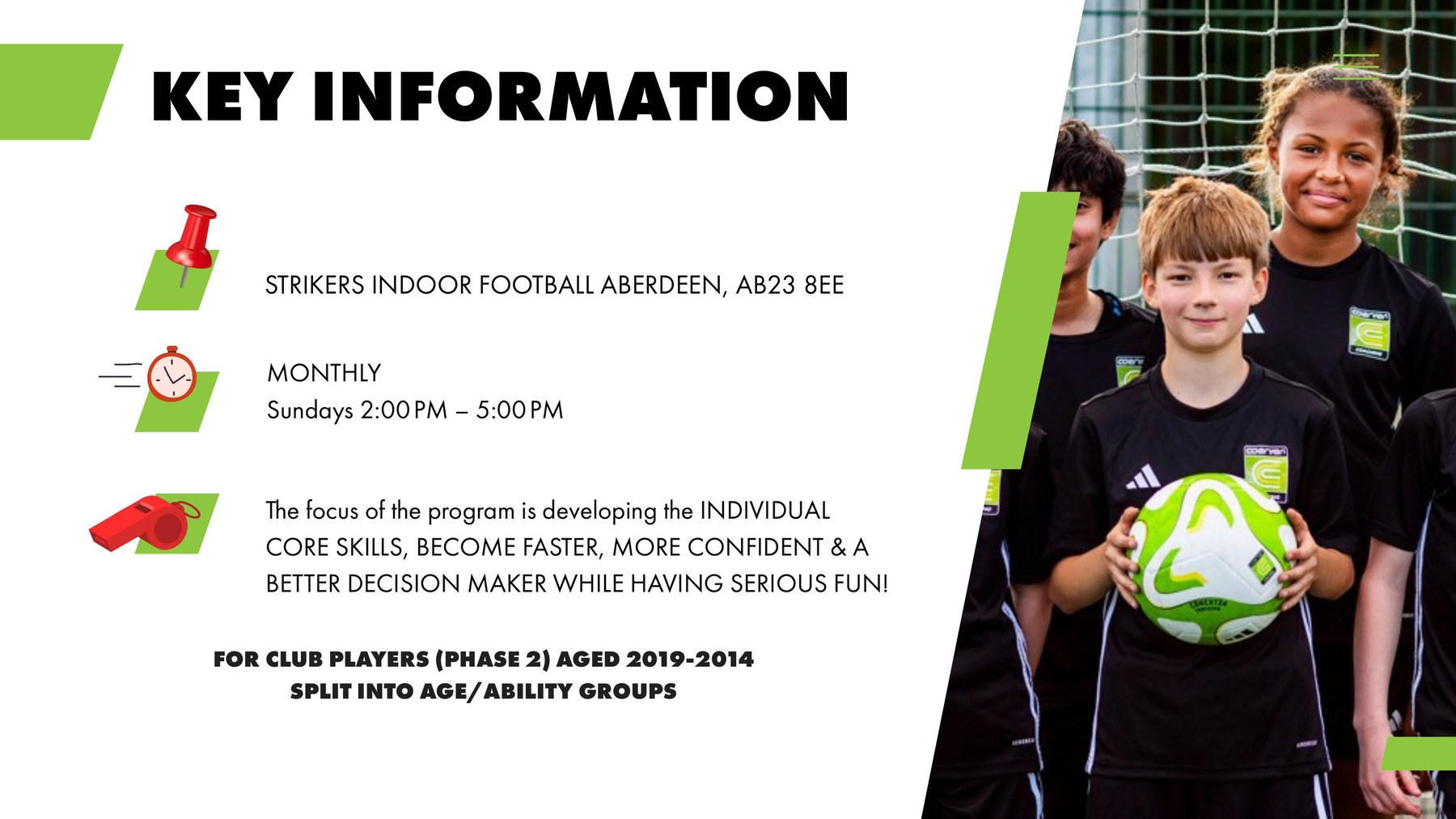 Performance Academy Boys key information – Strikers Indoor Football Aberdeen AB23 8EE, Sunday monthly sessions 2:00-5:00pm
