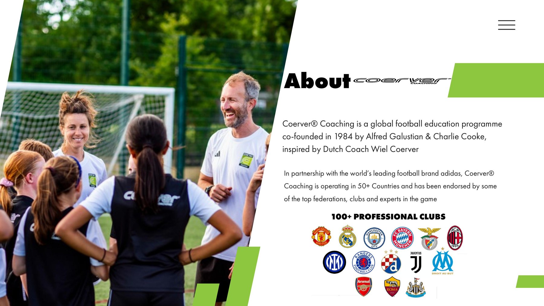 About Coerver Coaching – global football education programme founded 1984, partnered with adidas, endorsed by 100+ professional clubs
