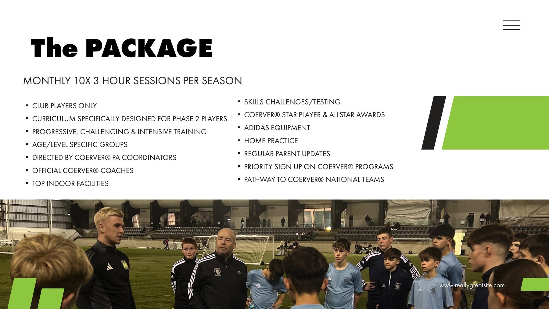 Performance Academy Boys package – professional coaching, adidas equipment, Coerver Star Player awards and National Squad pathway
